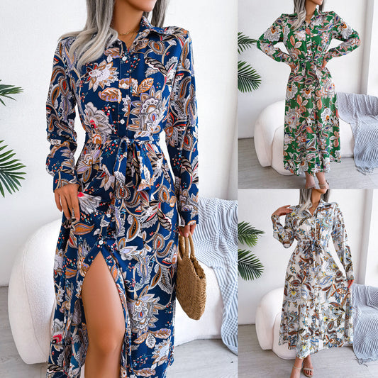 Retro Floral Stand Collar Belted Shirt Dress Long Skirt Women